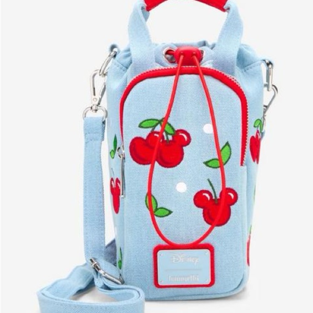 NWT Disney Blue and Red denim Cherry Crossbody water bottle Bag